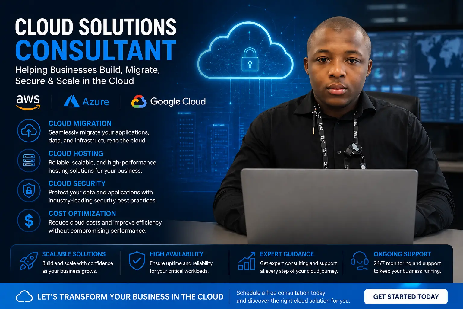 Cloud solutions consultant helping businesses with AWS Azure migration hosting security and cost optimization